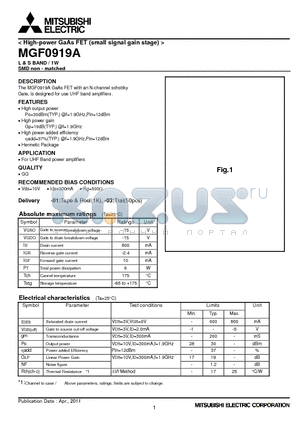 MGF0919A datasheet - High-power GaAs FET (small signal gain stage)