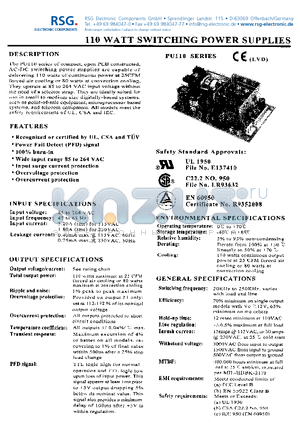 PU110-42A datasheet - 110 WATT SWITCHING POWER SUPPLIES