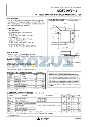 MGFC40V3742 datasheet - 3.7 ~ 4.2GHz BAND 10W INTERNALLY MATCHED GaAs FET