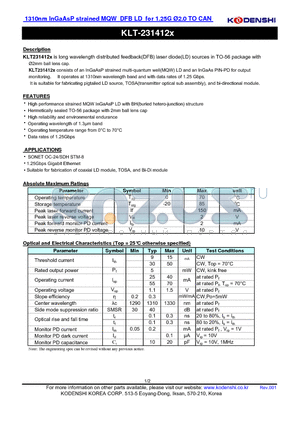 KLT-231412 datasheet - 1310nm InGaAsP strained MQW DFB LD for 1.25G 2.0 TO CAN