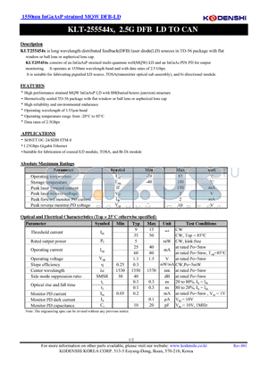 KLT-255544 datasheet - 1550nm InGaAsP strained MQW DFB-LD