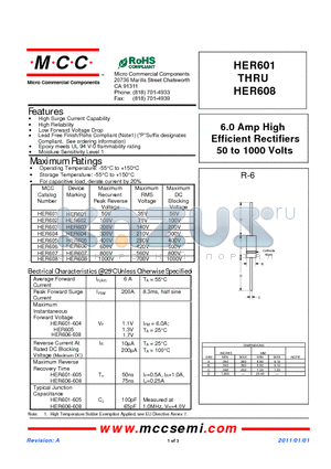 HER606 datasheet - 6.0 Amp High Efficient Rectifiers 50 to 1000 Volts