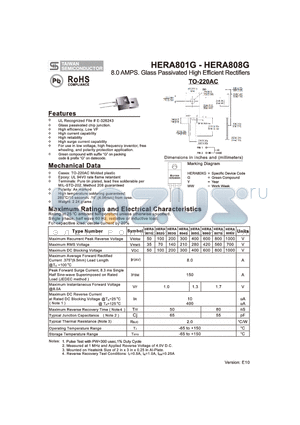 HERA801G datasheet - 8.0 AMPS. Glass Passivated High Efficient Rectifiers