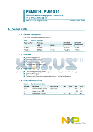 PUMB14 datasheet - PNP/PNP resistor-equipped transistors; R1 = 47 kW, R2 = open