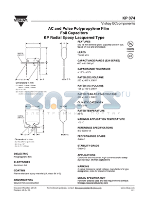 KP374 datasheet - AC and Pulse Polypropylene Film Foil Capacitors KP Radial Epoxy Lacquered Type