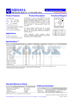 MH103A datasheet - High Dynamic Range 1.9 - 2.7 GHz MMIC Mixer