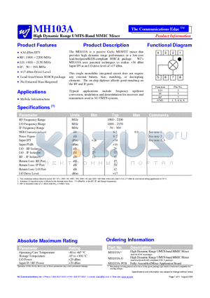 MH103A-PCB datasheet - High Dynamic Range UMTS-Band MMIC Mixer