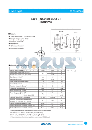 KQD3P50 datasheet - 500V P-Channel MOSFET