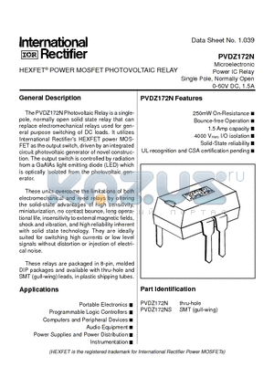 PVDZ172N datasheet - POWER MOSFET PHOTOVOLTAIC RELAY Microelectronic Power IC Relay Single Pole, Normally Open 0-60V DC, 1.5A