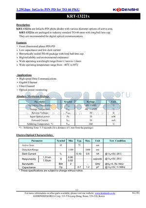 KRT-13221 datasheet - 1.25Gbps InGaAs PIN PD for TO 46 PKG