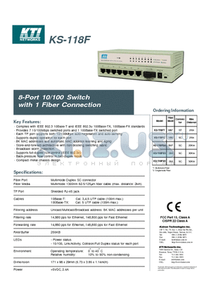 KS-118FS5 datasheet - 8-Port 10/100 Switch with 1 Fiber Connection