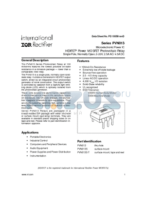 PVN013S-T datasheet - HEXFET POWER MOSFET PHOTOVOLTAIC RELAY