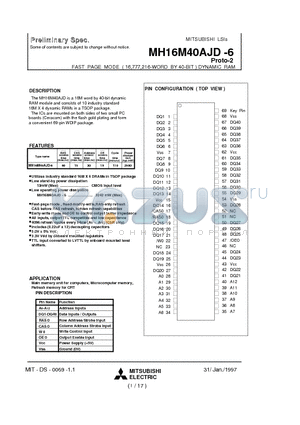 MH16M40AJD-6 datasheet - FAST PAGE MODE ( 16,777,216-WORD BY 40-BIT ) DYNAMIC RAM