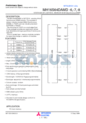 MH16S64DAMD-6 datasheet - 1073741824-BIT (16777216 - WORD BY 64-BIT)Synchronous DRAM