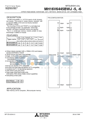 MH16V6445BWJ-5 datasheet - HYPER PAGE MODE 1073741824 - BIT ( 16777216 - WORD BY 64 - BIT ) DYNAMIC RAM