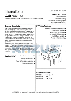 PVT322A datasheet - Microelectronic Power IC Relay Dual Pole, Normally Open 0-250V, 170mA AC/DC