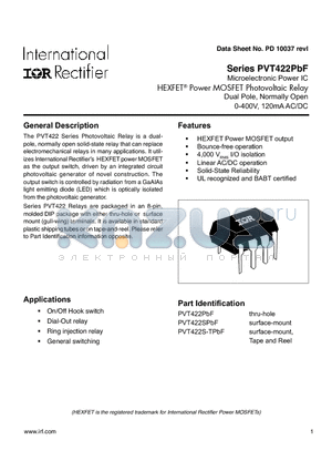 PVT422PBF_08 datasheet - Microelectronic Power IC HEXFET Power MOSFET Photovoltaic Relay Dual Pole, Normally Open
