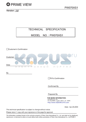 PW070XS1 datasheet - 7.0inch color TFT-LCD module