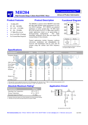 MH204 datasheet - High Dynamic Range Cellular Band MMIC Mixer