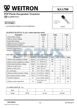 KSA708 datasheet - PNP Plastic-Encapsulate Transistor