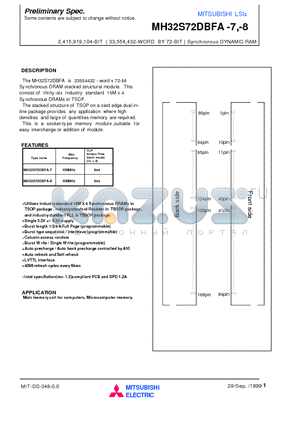 MH32S72DBFA-8 datasheet - 2,415,919,104-BIT ( 33,554,432-WORD BY 72-BIT ) Synchronous DYNAMIC RAM