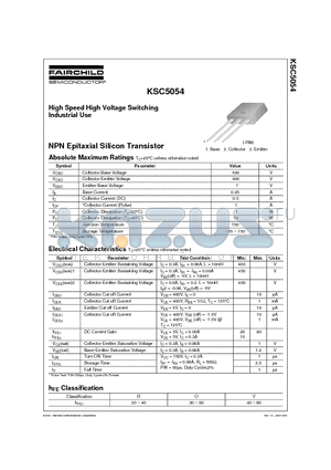 KSC5054 datasheet - High Speed High Voltage Switching Industrial Use