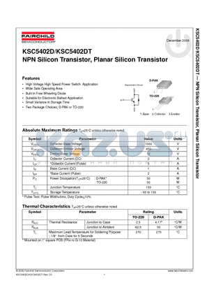 KSC5402D_09 datasheet - NPN Silicon Transistor, Planar Silicon Transistor