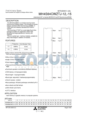 MH4S64CWZTJ-15 datasheet - 268435456-BIT (4194304-WORD BY 64-BIT)SynchronousDRAM