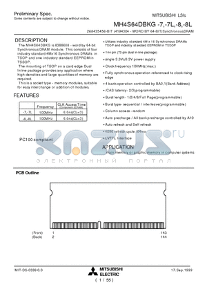 MH4S64DBKG-8 datasheet - 268435456-BIT (4194304 - WORD BY 64-BIT)SynchronousDRAM