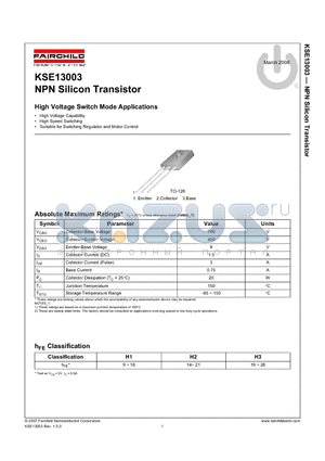 KSE13003H2ASTU datasheet - NPN Silicon Transistor