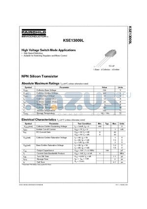 KSE13009L datasheet - High Voltage Switch Mode Applications