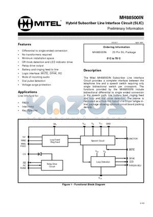 MH88500IN datasheet - Hybrid Subscriber Line Interface Circuit (SLIC) Preliminary Information