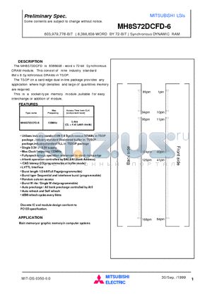 MH8S72DCFD-6 datasheet - 603,979,776-BIT ( 8,388,608-WORD BY 72-BIT ) Synchronous DYNAMIC RAM