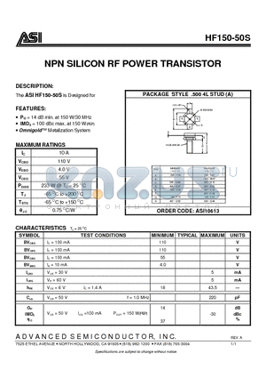 HF150-50S datasheet - NPN SILICON RF POWER TRANSISTOR