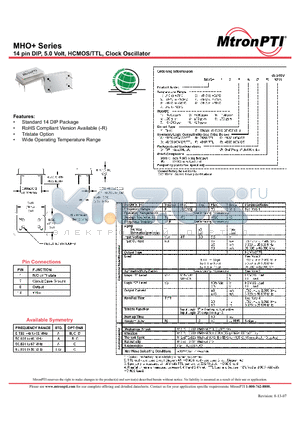 MHO+ datasheet - 14 pin DIP, 5.0 Volt, HCMOS/TTL, Clock Oscillator