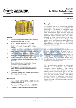 PX6524 datasheet - 4 x 10 Gb/s TIA/LA Receiver