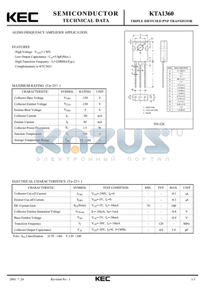 KTA1360 datasheet - TRIPLE DIFFUSED PNP TRANSISTOR(AUDIO FREQUENCY AMPLIFIER)