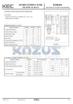 KTB1424 datasheet - EPITAXIAL PLANAR PNP TRANSISTOR