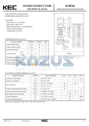 KTB764 datasheet - TRIPLE DIFFUSED PNP TRANSISTOR(VOLTAGE REGULATOR, RELAY, RAMP DRIVER, INDUSTRIAL USE)