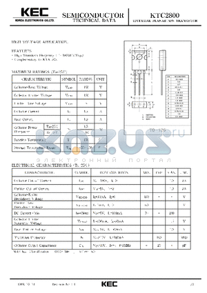 KTC2800 datasheet - EPITAXIAL PLANAR NPN TRANSISTOR (HIGH VOLTAGE)