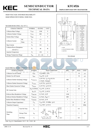 KTC4526 datasheet - TRIPLE DIFFUSED NPN TRANSISTOR (HIGH VOLTAGE AND HIGH RELLABILITY HIGH SPEED SWITCHING, WIDE SOA)