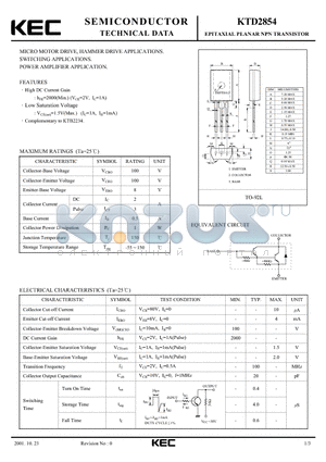KTD2854 datasheet - EPITAXIAL PLANAR NPN TRANSISTOR (MICRI MOTOR DRIVE, HAMMER DRIVE, SWITCHING POWER AMPLIFIER)