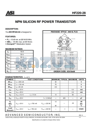 HF220-28 datasheet - NPN SILICON RF POWER TRANSISTOR
