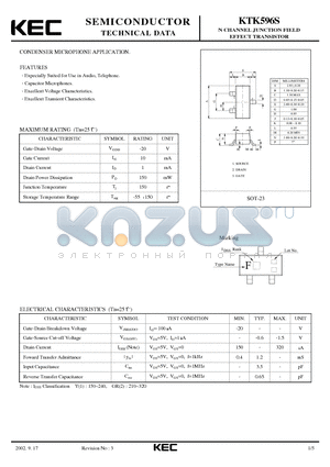 KTK596S datasheet - N CHANNEL JUNCTION FIFLD EFFFCT TRANSISTOR (CONDENSER MICROPHONE)