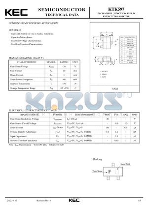 KTK597 datasheet - N CHANNEL JUNCTION FIFLD EFFFCT TRANSISTOR (CONDENSER MICROPHONE)