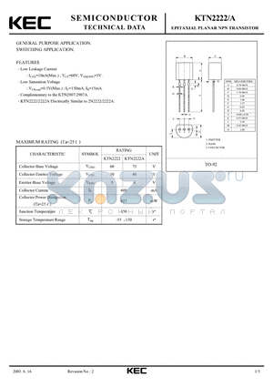KTN2222 datasheet - EPITAXIAL PLANAR NPN TRANSISTOR
