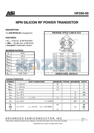 HF250-50 datasheet - NPN SILICON RF POWER TRANSISTOR