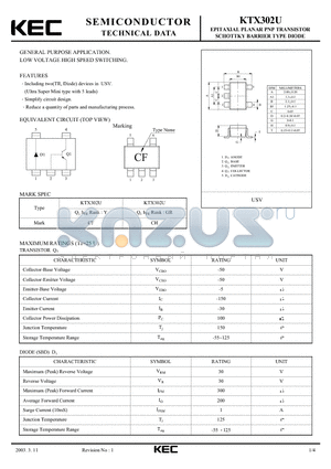 KTX302U datasheet - EPITAXIAL PLANAR PNP TRANSISTOR SCHOTTKY BARRIER TYPE DIODE (GENERAL PURPOSE, LOW VOLTAGE HIGH SPEED SWITCHING)