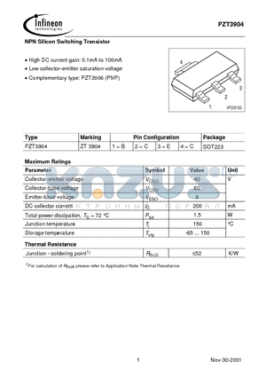 PZT3904 datasheet - NPN Silicon Switching Transistor