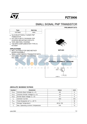 PZT3906 datasheet - SMALL SIGNAL PNP TRANSISTOR